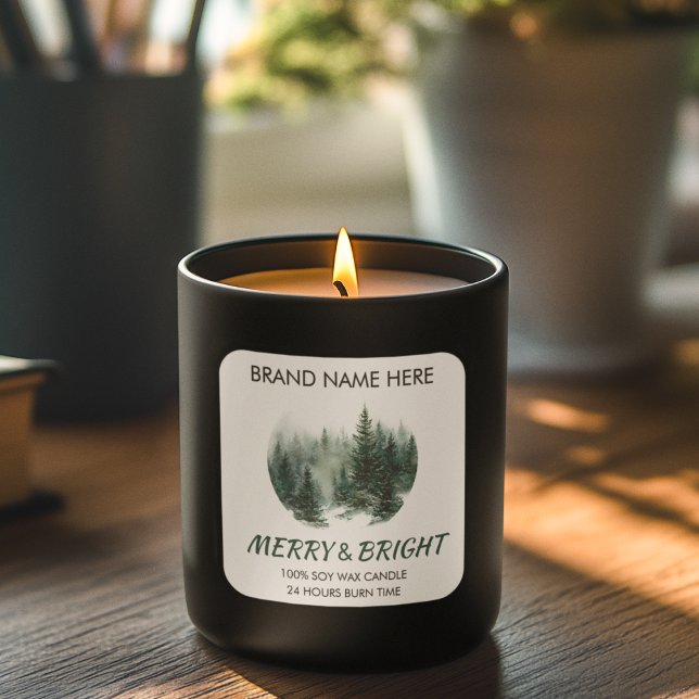 Merry & Bright Modern Pine Trees Candle Label  Quadratischer Aufkleber (Von Creator hochgeladen)