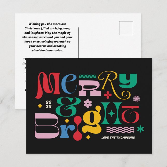 Merry & Bright Modern Type Mix Holiday Postkarte (Vorne/Hinten)