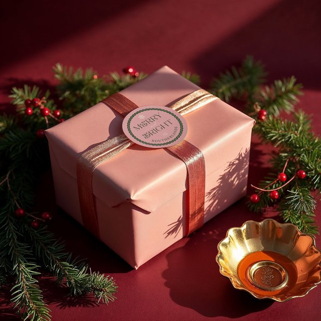 Merry & Bright Moderne rosa & grüne Retro Wavy Runder Aufkleber (Merry & Bright Modern Pink & Green Retro Wavy Classic Round Sticker)