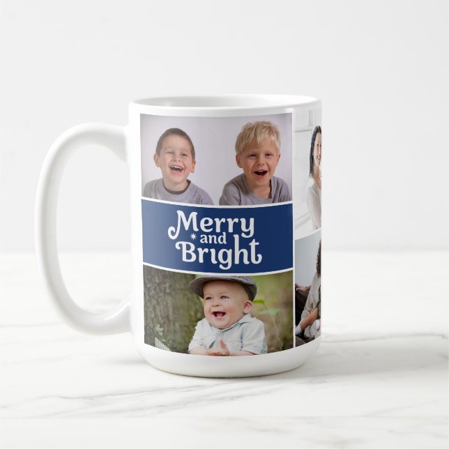 Merry & Bright Multi-Photo Holiday Blue custom Kaffeetasse (Links)