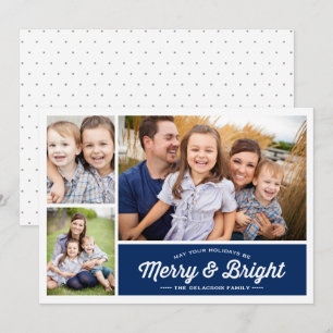Merry & Bright Navy 3 Foto Holiday Gruß Feiertagskarte