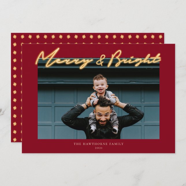 Merry & Bright Neon Lettering Foto Holiday Card (Vorne/Hinten)