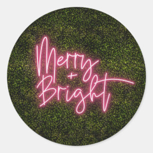 Merry + Bright Neon Sign Boxwood Weihnachten Runder Aufkleber