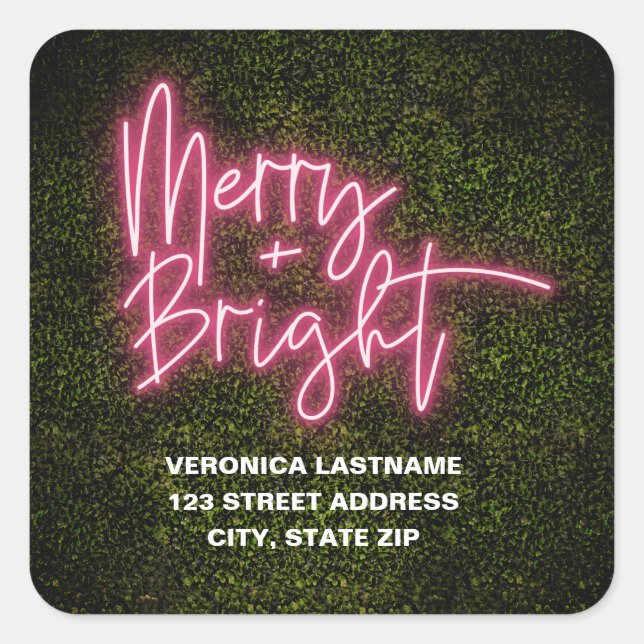Merry + Bright Neon Sign Boxwood Weihnachtsadresse Quadratischer Aufkleber (Vorderseite)