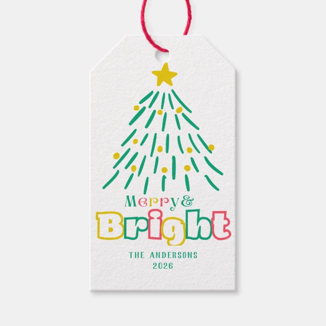 Merry & Bright Niedlich Hand Zeichnete Weihnachtsb Geschenkanhänger (Vorderseite)