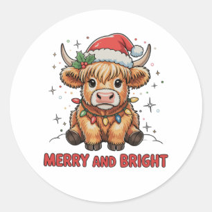 Merry & Bright Niedlich Highland Baby Cow Weihnach Runder Aufkleber