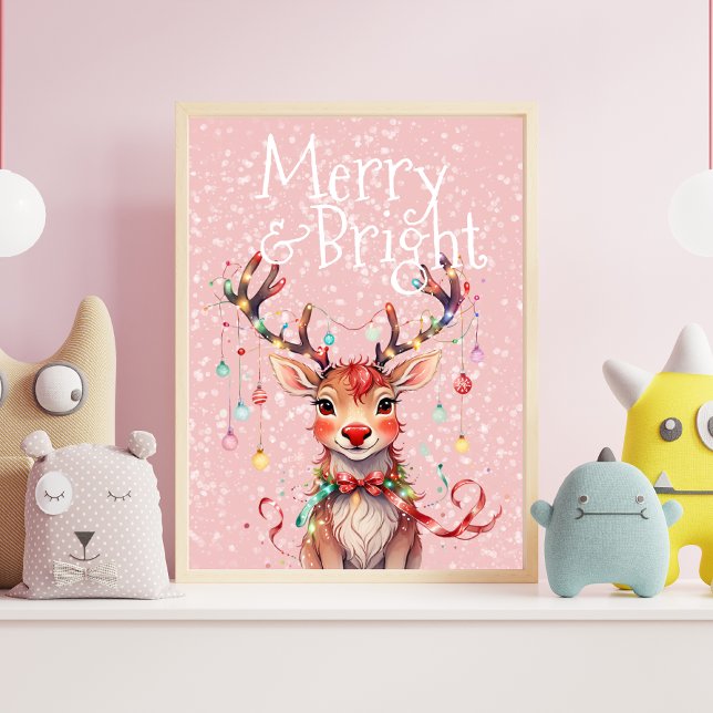 Merry & Bright Niedlich Rentier und Weihnachtsleuc Poster (Cute Reindeer and Christmas Lights Poster)