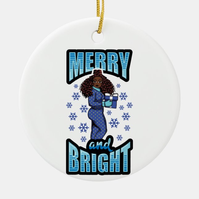 Merry & Bright Pajama Melanin X-mas Sweater Sista Keramik Ornament (Vorne)