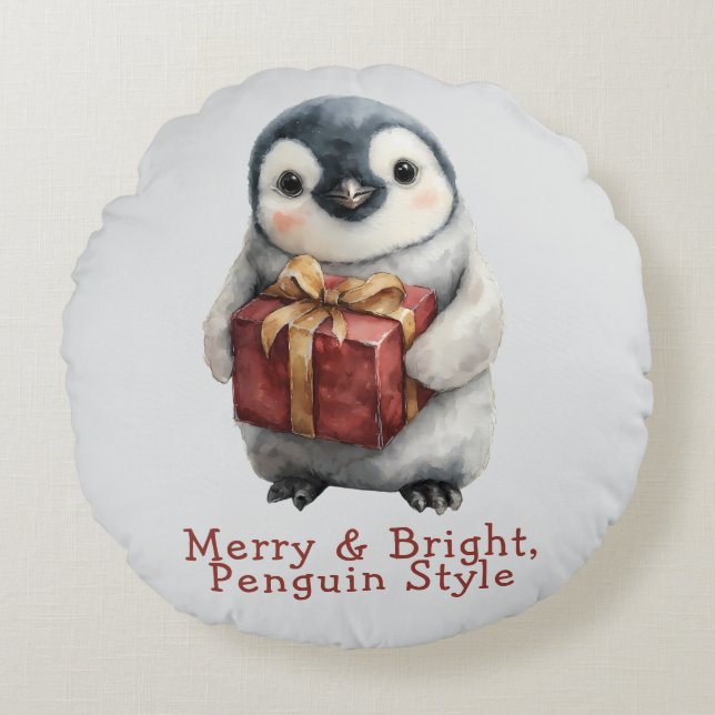Merry & Bright Penguin Christmas Rundes Kissen (Vorderseite)
