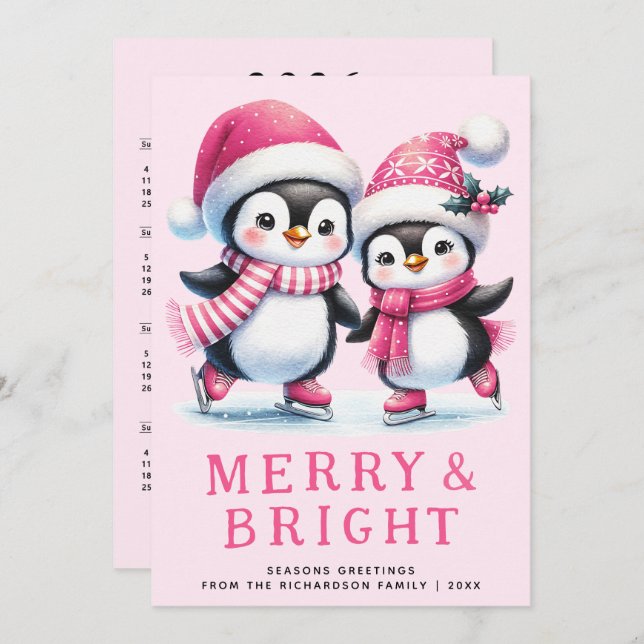 Merry & Bright Penguin Ice Skater Rosa Weihnachten (Vorne/Hinten)