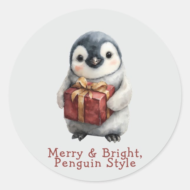 Merry & Bright Penguin Weihnachten Runder Aufkleber (Vorderseite)