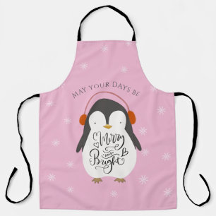 Merry Bright Penguin Whimsical Christmas Pink Schürze