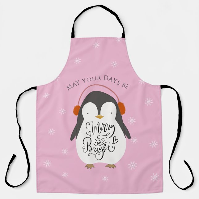 Merry Bright Penguin Whimsical Christmas Pink Schürze (Vorderseite)