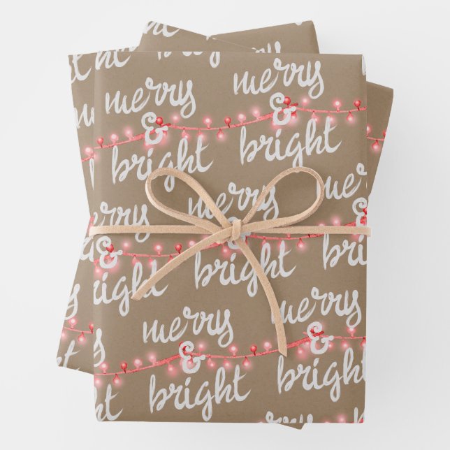 Merry & Bright Pink Christmas Tree Lights Kraft Geschenkpapier Set (Beispiel)