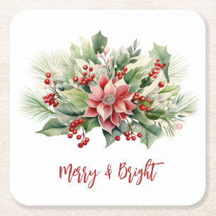 Merry Bright Poinsettia Berries Weihnachtsfest Rechteckiger Pappuntersetzer