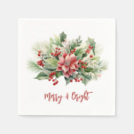Merry Bright Poinsettia Berries Weihnachtsfest Serviette