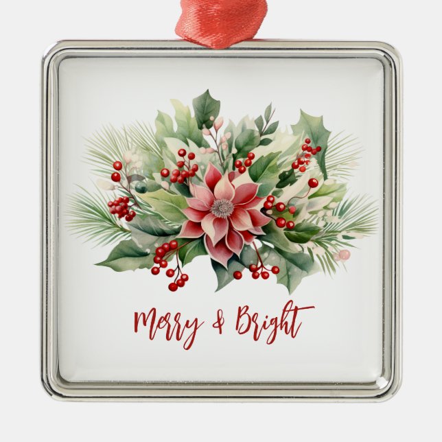 Merry & Bright Poinsettia Red Berries Weihnachten Ornament Aus Metall (Vorne)