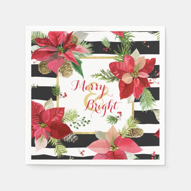 Merry & Bright Poinsettias, Black Stripe Napkins Serviette (Vorderseite)