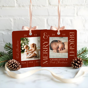 Merry & Bright Red Baby First Christmas Fotos Ornament Aus Metall