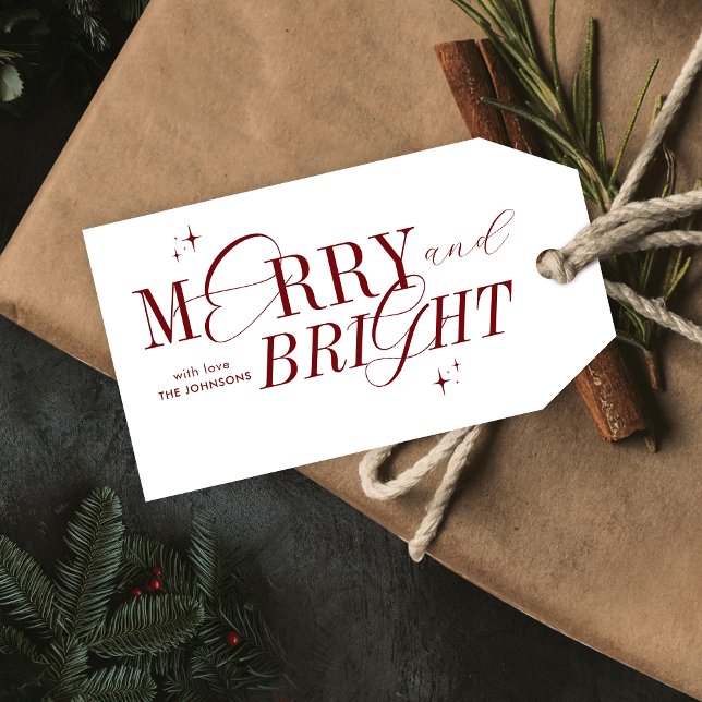 Merry & Bright Red Elegante Script Moderne Weihnac Geschenkanhänger (Minimal, yet elegant, Merry & Bright gift tags that are sure to impress)