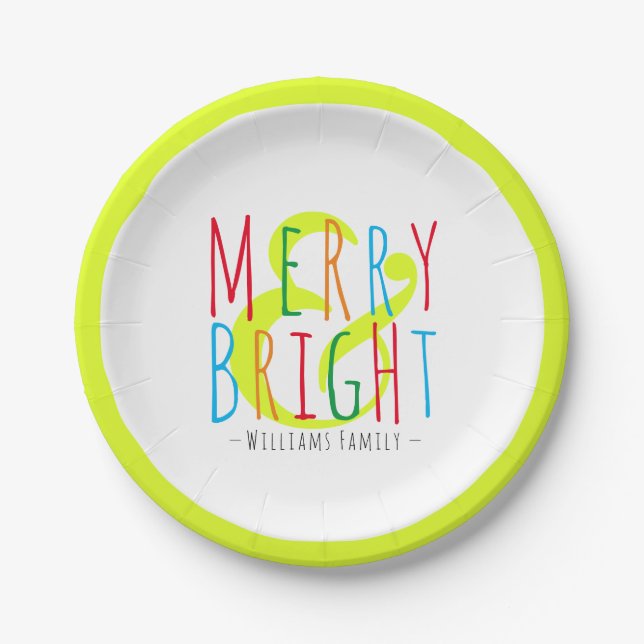 Merry & Bright Red, Green Blue Typografy Holiday Pappteller (Vorderseite)