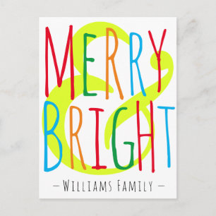 Merry & Bright Red Green Blue Typografy Name Feiertagspostkarte