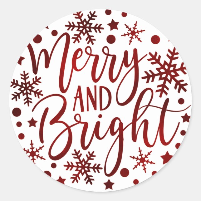 Merry & Bright Red Holiday Snowflakes Weihnachten Runder Aufkleber (Vorderseite)