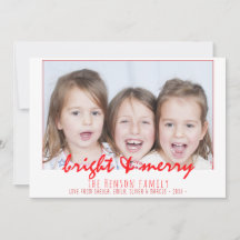 Merry Bright Red Script Family Foto Weihnachten