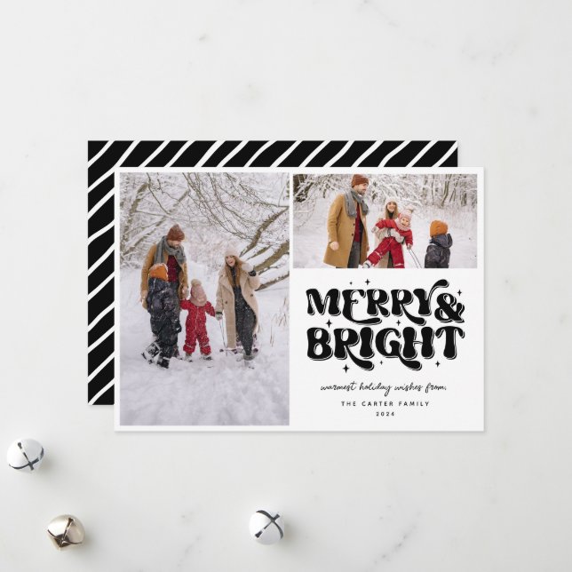 Merry & Bright Retro 2 Foto Feiertagskarte (Vorderseite/Rückseite Beispiel)