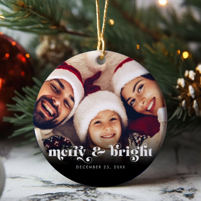Merry & Bright Retro Copy Foto Weihnachten Keramik Ornament (Merry & Bright Retro Copy Family Photo Christmas Ceramic Ornament)