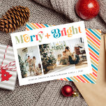 Merry & Bright Retro farbenfroh 2 Foto Weihnachten<br><div class="desc">Ein fröhliches und helles Weihnachten! Senden Sie Ihren Urlaub Grüße an Ihre Freunde und Liebsten mit dieser bunten Retro-Stil Weihnachtskarte. Diese Karte enthält zwei hübsche Fotos Ihrer Familie, einen Text, den Sie personalisieren können, und ein festliches und farbenfrohe Streifen Muster auf der Rückseite. (Foto von Elina Fairytale auf Pexels. Bitte...</div>