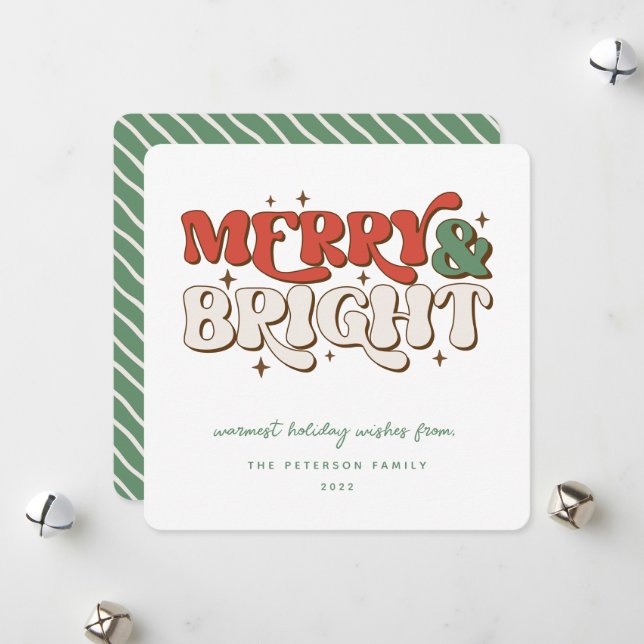 Merry & Bright Retro Feiertagskarte (Vorderseite/Rückseite Beispiel)