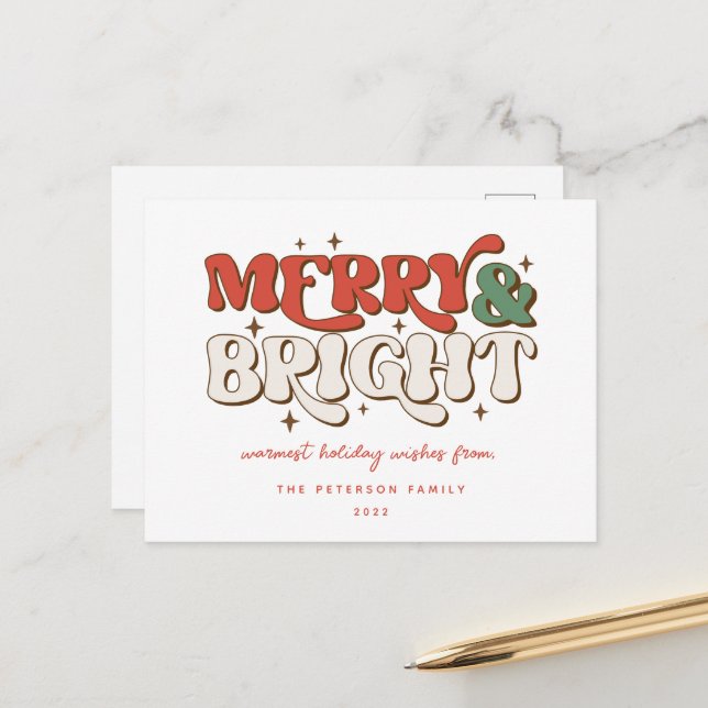 Merry & Bright Retro Feiertagspostkarte (Vorderseite/Rückseite Beispiel)