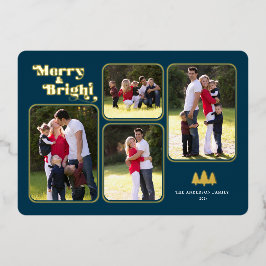 Merry & Bright Retro Foto Blue Christmas Gold Folien Feiertagskarte