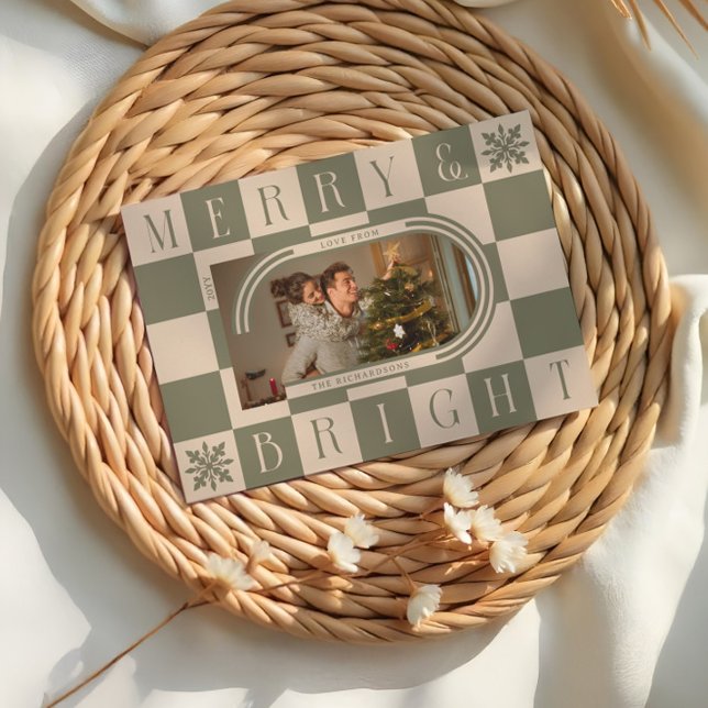 Merry & Bright Retro Schachbrett Foto Feiertagskarte (Merry & Bright Retro Checker Christmas Arch Photo Holiday Card)
