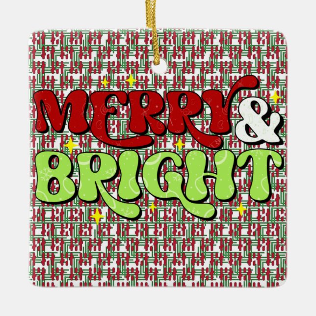 Merry & Bright - Retro Weihnachtsfeiertage Keramikornament (Vorderseite)