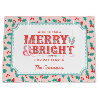 Merry & Bright | Rosa und Rot Holly | Personalisie Große Geschenktüte