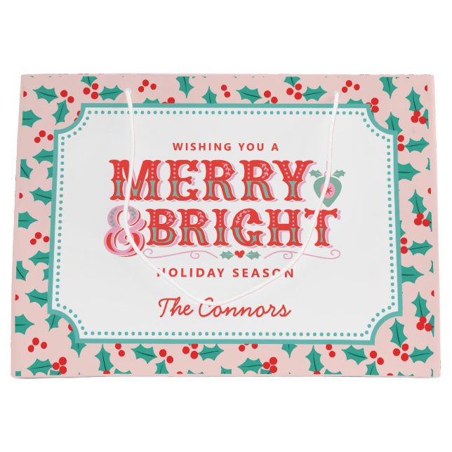 Merry & Bright | Rosa und Rot Holly | Personalisie Große Geschenktüte (Vorderseite)