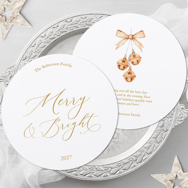 Merry & Bright Round Christmas Card with Bells Einladung (Von Creator hochgeladen)