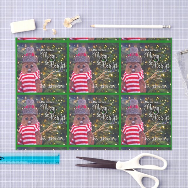 Merry Bright Rustic Snowman Name Green Pattern Seidenpapier (Handwerk)