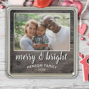 Merry & Bright Rustic Wood Family Foto Ornament Aus Metall