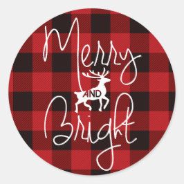 Merry & Bright | Rustikal Kariert Runder Aufkleber