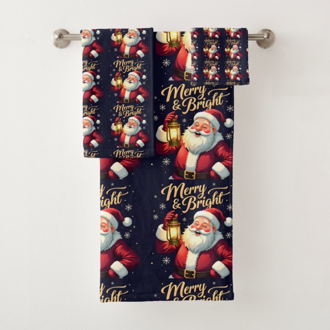 Merry Bright Santa Holding Lantern Illustration Badhandtuch Set (Insitu)