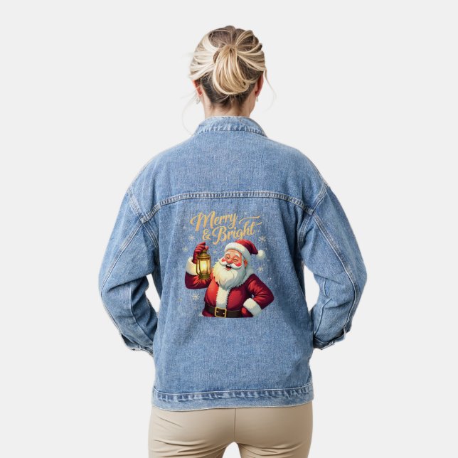 Merry Bright Santa Holding Lantern Illustration Jeansjacke (Modell)