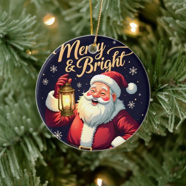 Merry Bright Santa Holding Lantern Illustration Keramik Ornament (Baum)