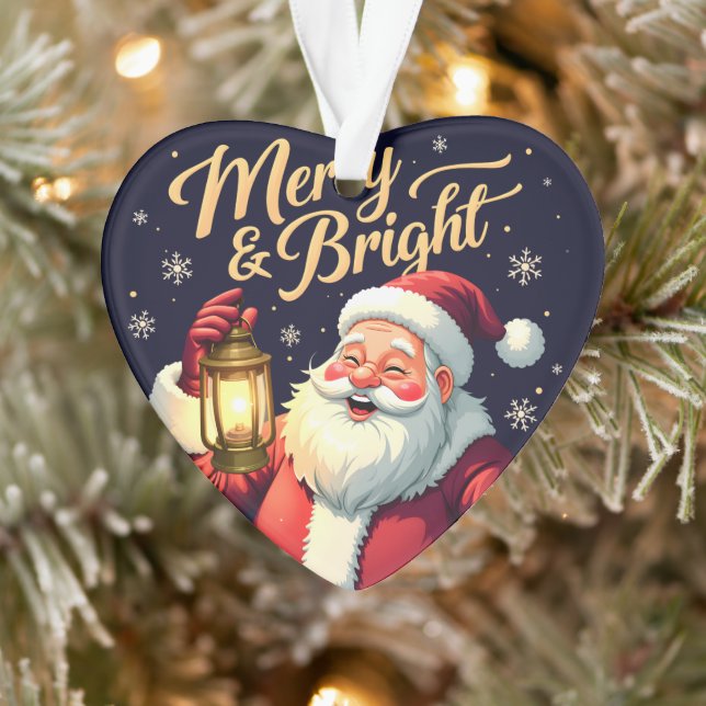 Merry Bright Santa Holding Lantern Illustration Ornament (Baum)