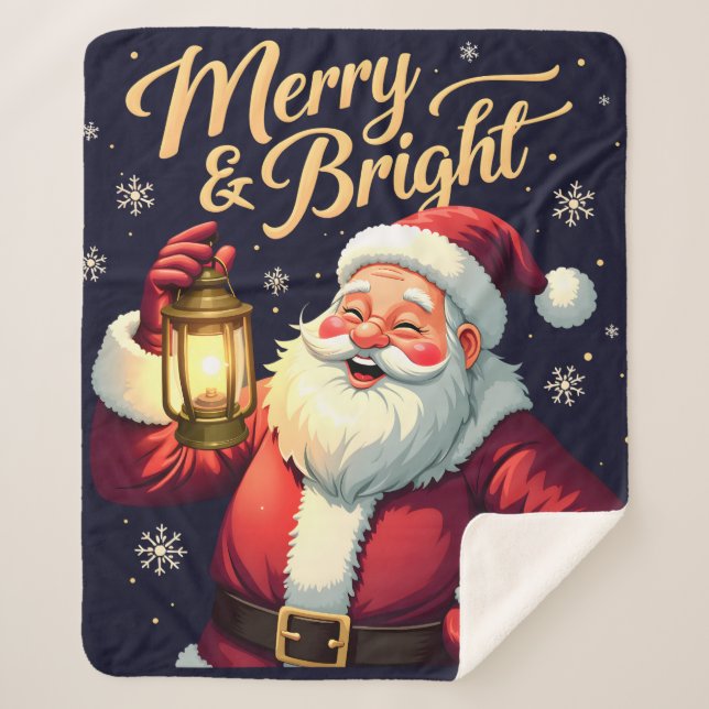 Merry Bright Santa Holding Lantern Illustration Sherpadecke (Vorderseite)