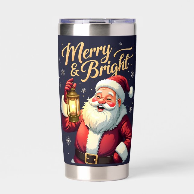 Merry Bright Santa Holding Lantern Illustration Thermobecher (Vorderseite)