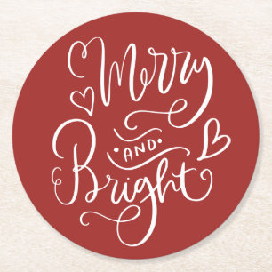 Merry & Bright Script Calligraphy Red Christmas Runder Pappuntersetzer