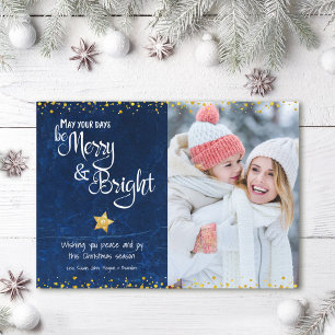 Merry Bright Script Foto Blue Gold Star Glitzer Feiertagskarte